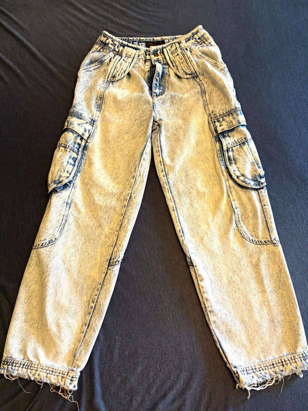 Dune Road Denim Cargo Jeans Acid Wash 90s 16 Girls/4 Women Barrel Distressed